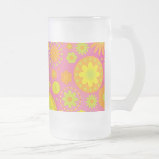 Yellow Orange & Pink Hippy Flower Pattern Frosted Glass Beer Mug