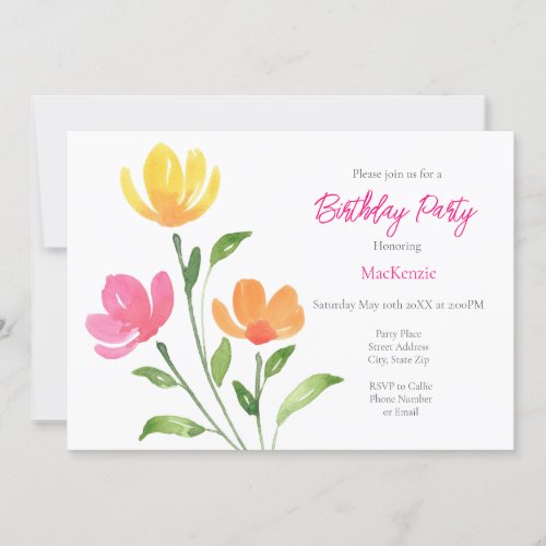 Yellow Orange Pink Watercolor Floral Stems Invitation