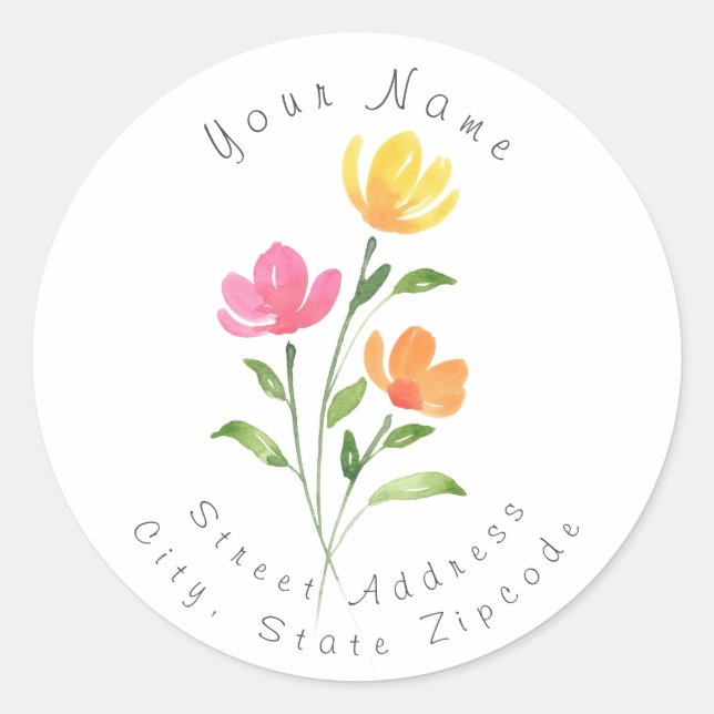 Yellow Orange Pink Watercolor Floral Stems Label (Front)