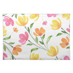 Yellow Orange Pink Watercolor Floral Stems Pattern Cloth Placemat