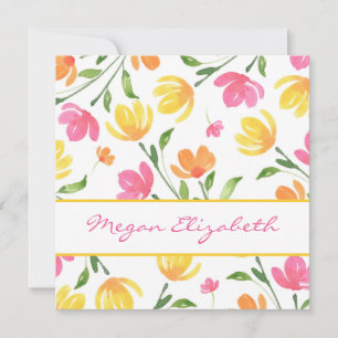 Yellow Orange Pink Watercolor Floral Stems Pattern Note Card