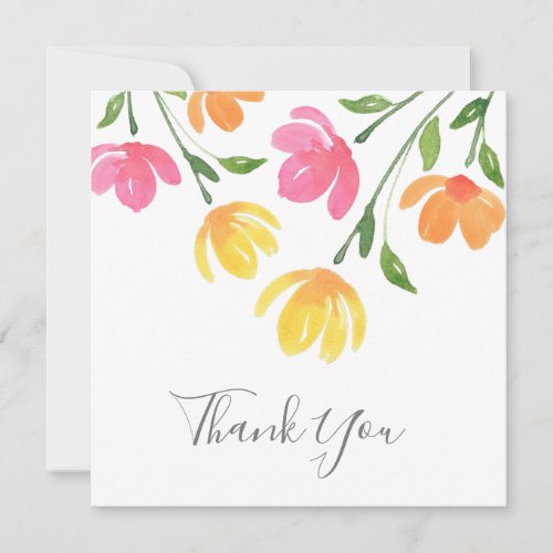 Yellow Orange Pink Watercolor Floral Stems Thank You Card