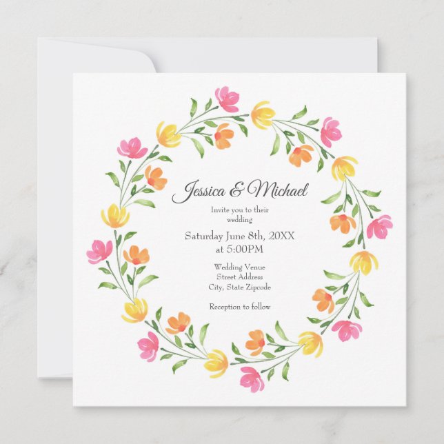 Yellow, Orange, Pink Watercolor Floral Wreath   Invitation (Front)