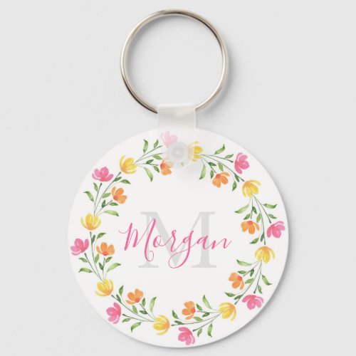 Yellow Orange Pink Watercolor Floral Wreath Keychain