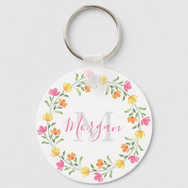 Yellow Orange Pink Watercolor Floral Wreath Keychain (Front)