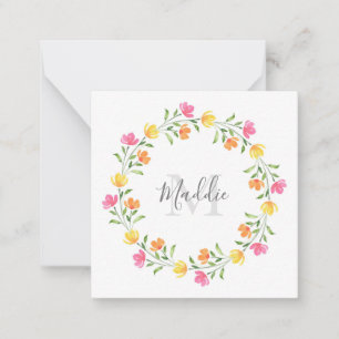 Yellow, Orange, Pink Watercolor Floral Wreath Note