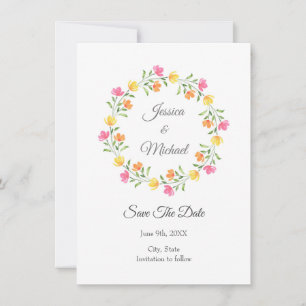 Yellow, Orange, Pink Watercolor Floral Wreath   Save The Date