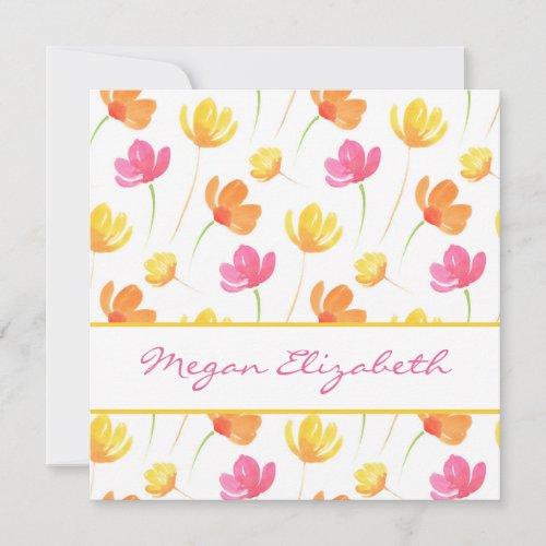 Yellow Orange Pink Watercolor Flower Pattern Note Card