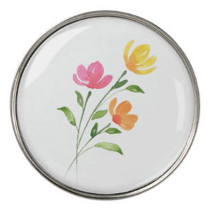 Yellow Orange Pink Watercolor Flower Stems Golf Ball Marker