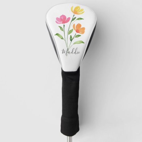 Yellow Orange Pink Watercolor Flower Stems Golf Head Cover