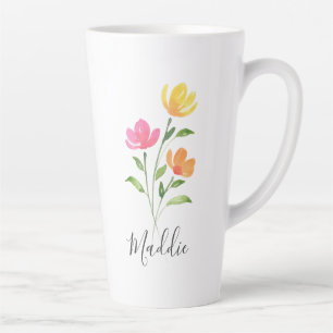 Yellow Orange Pink Watercolor Flower Stems Latte Mug