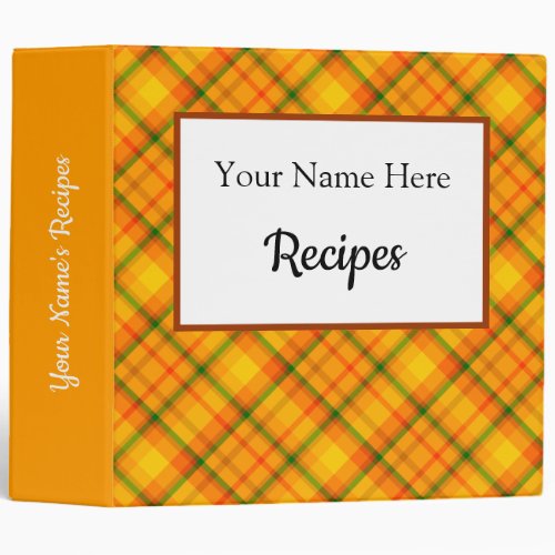 Yellow Orange Plaid Custom Recipe 3 Ring Binder