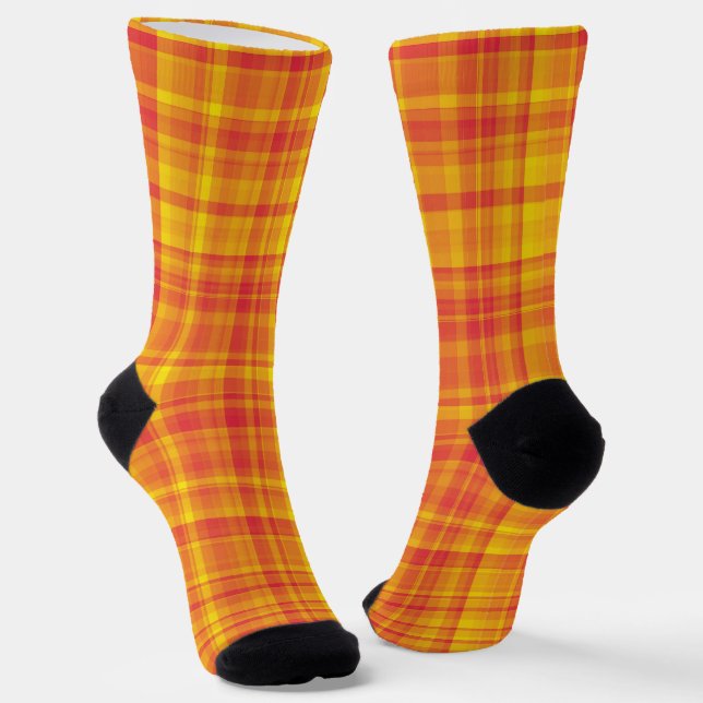 Yellow Orange Plaid Pattern Socks (Angled)
