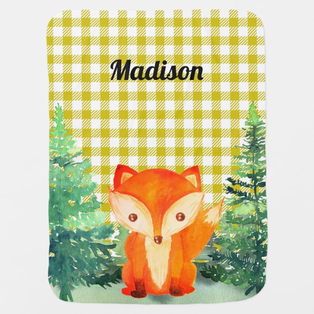 Yellow Orange Plaid Woodland Fox  Baby Blanket (Front)