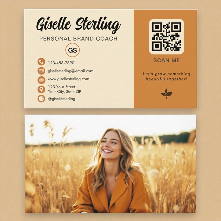 Yellow Orange QR Code Photo Monogram Social Media Business Card
