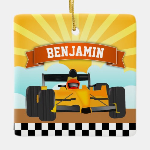 Yellow Orange Race Car Personalized Name Kids Room Ceramic Ornament