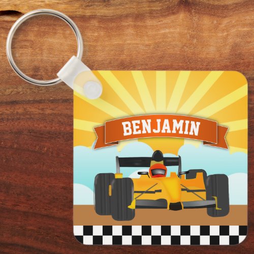 Yellow Orange Race Car Personalized Name Kids Room Keychain