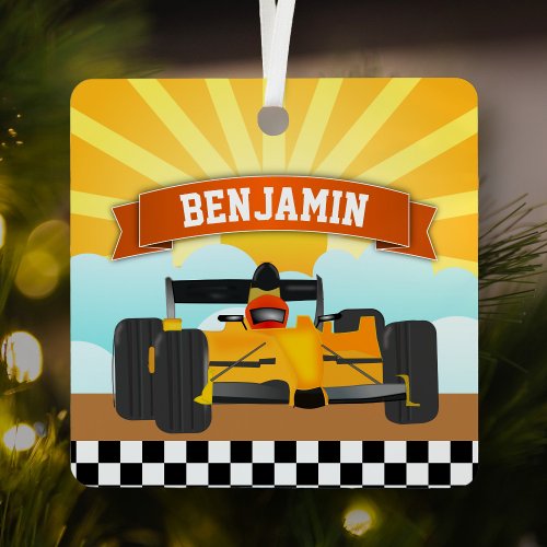 Yellow Orange Race Car Personalized Name Kids Room Metal Ornament