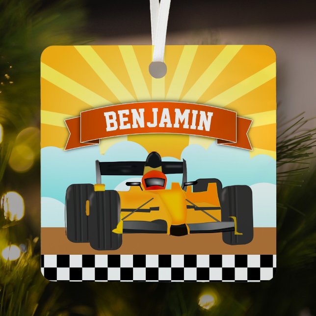 Yellow Orange Race Car Personalized Name Kids Room Metal Ornament (Creator Uploaded)