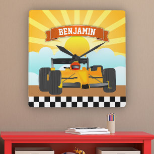 Yellow Orange Race Car Personalized Name Kids Room Square Wall Clock
