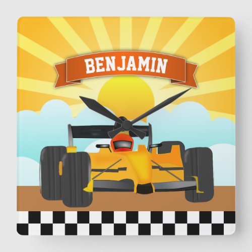 Yellow Orange Race Car Personalized Name Kids Room Square Wall Clock