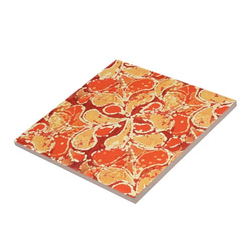 Yellow Orange Red Bali Batik Style Paisley Pattern Ceramic Tile