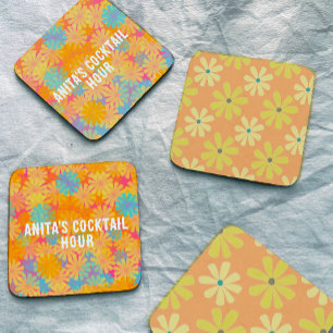 Yellow Orange Retro 70s Daisies Pattern Stone Coaster