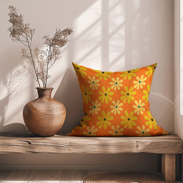 Yellow Orange Retro 70s Daisies Pattern Throw Pillow (Creator Uploaded)