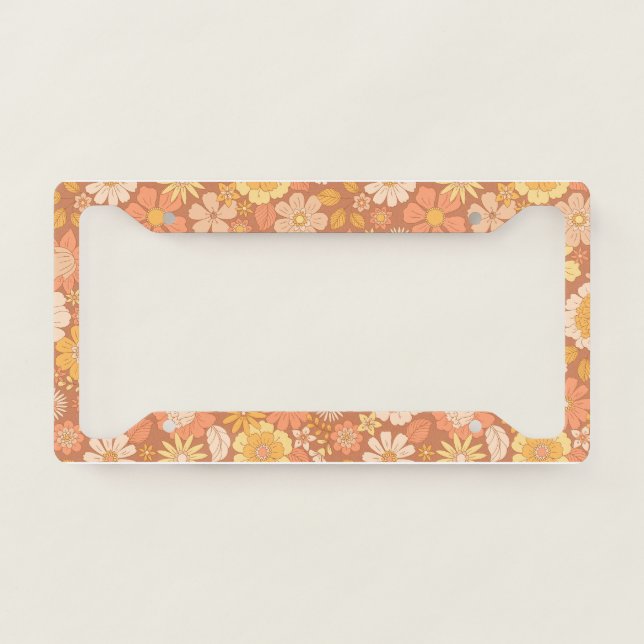 Yellow Orange Retro Flowers Cute License Plate Frame (Front)