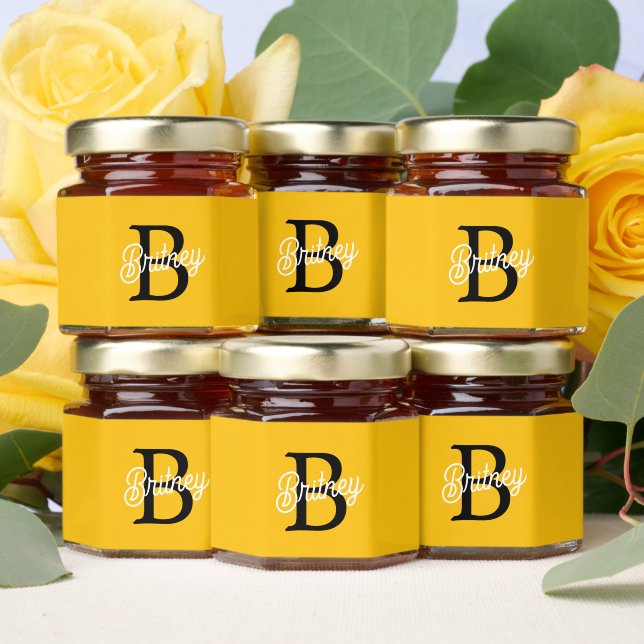 Yellow Orange Retro Script Monogram Honey Jar Favors (Insitu)