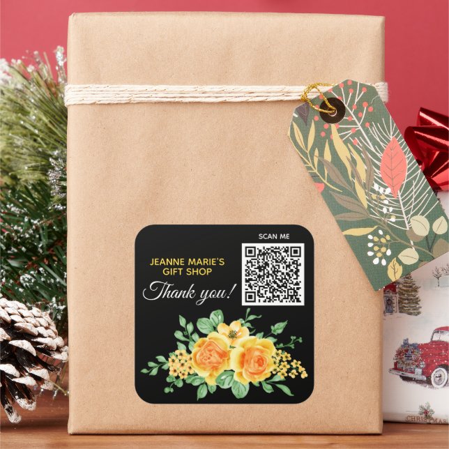 Yellow Orange Rose Flower Thank You QR Code Square Sticker (Holiday)