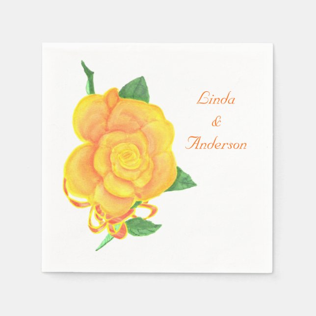 Yellow Orange Rose, Ribbon, Names Napkins (Front)