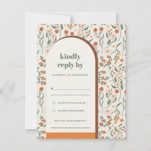 Yellow Orange Rust Groovy Retro Arch Flora Wedding RSVP Card