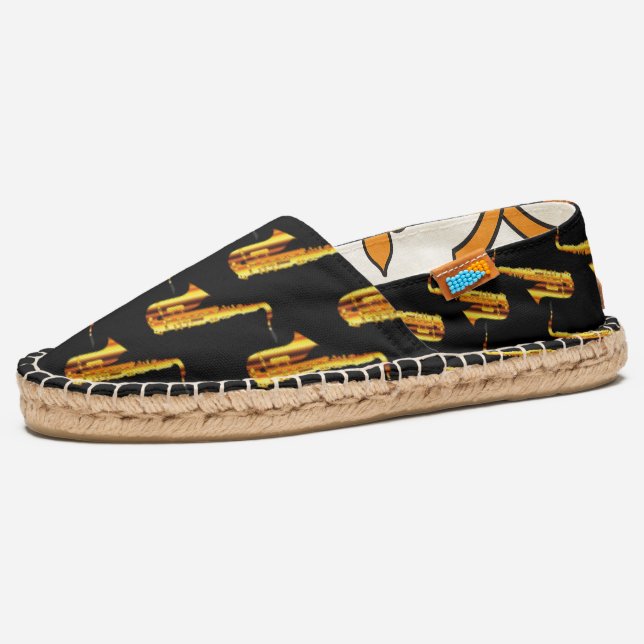 Yellow orange saxophones and black background espadrilles (Left)