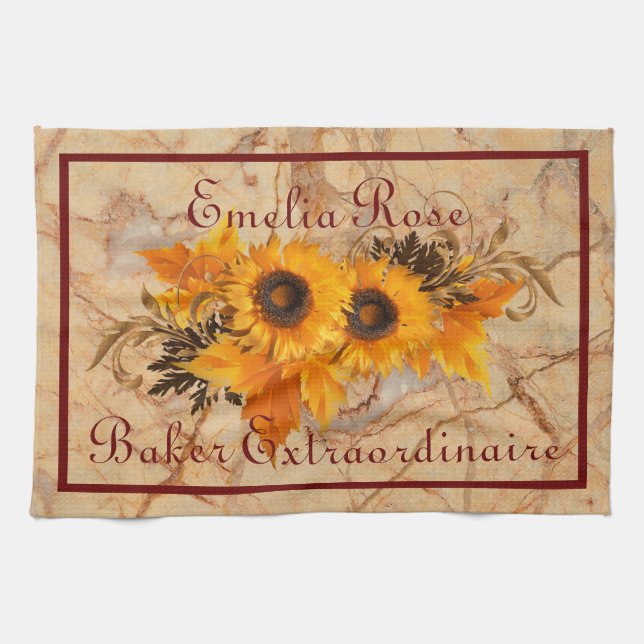 Yellow Orange Sunflower Bouquet Personalized  Kitchen Towel (Horizontal)