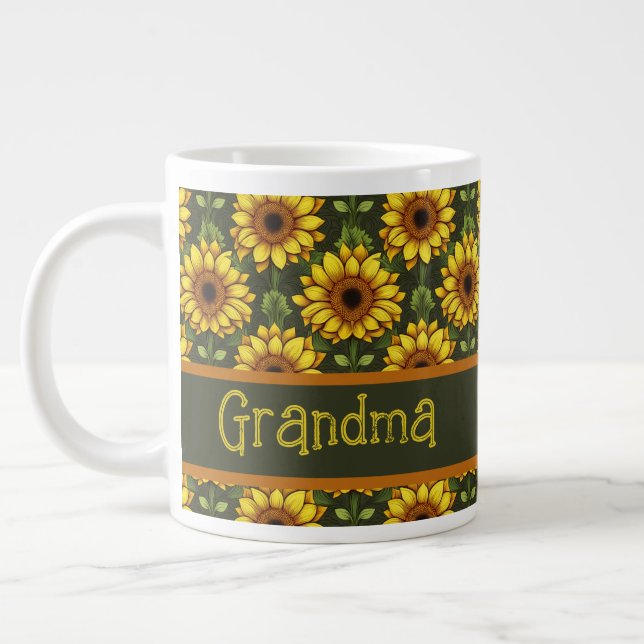 Yellow Orange Sunflower with Green & Brown Giant Coffee Mug (Left)