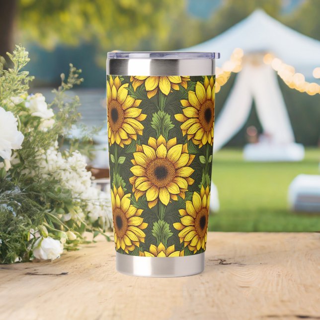 Yellow Orange Sunflower with Green & Brown Insulated Tumbler (Wedding)