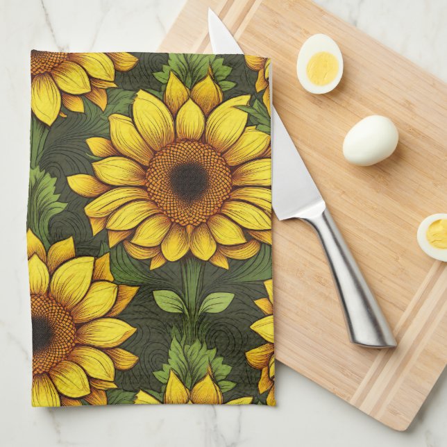 Yellow Orange Sunflower with Green & Brown Kitchen Towel (Quarter Fold)