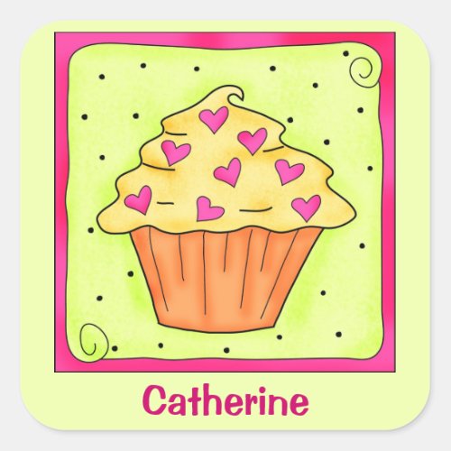 Yellow Orange Sweet Heart Art Cupcake Personalized Square Sticker