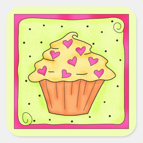 Yellow Orange Sweet Heart Art Cupcake Square Sticker