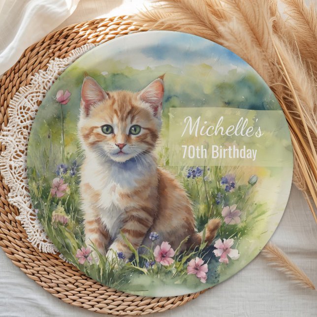 Yellow Orange Tabby Kitten Cat  70th Birthday Paper Plates (Cat 70th birthday party paper plate)