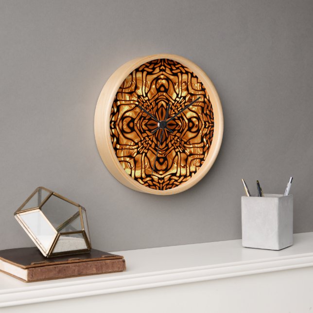 Yellow Orange Taupe Brown Hip Bohemian Bali Art Clock (Office)