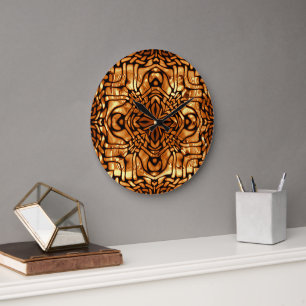 Yellow Orange Taupe Brown Hip Bohemian Bali Art Large Clock