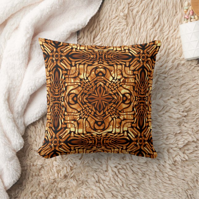 Yellow Orange Taupe Brown Hip Bohemian Bali Art Throw Pillow (Blanket)
