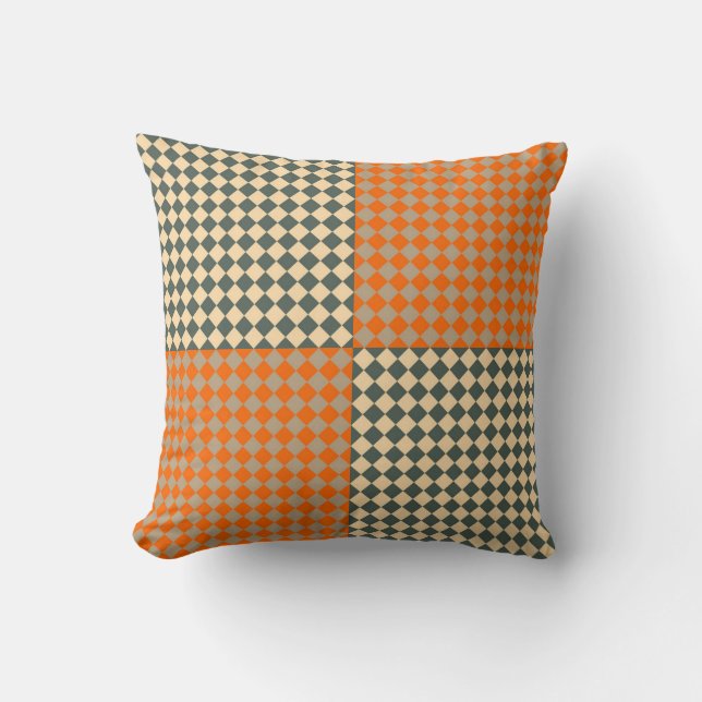 Yellow Orange Taupe Checker Diamond Pattern Throw Pillow (Front)
