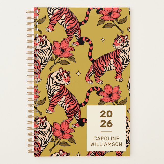 Yellow Orange Tiger Floral Big Cat Personalized Planner (Front)