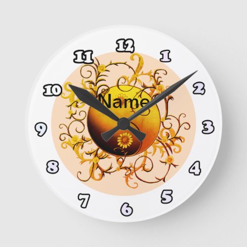 Yellow orange Tribal Yin Yang custom name  Round Clock