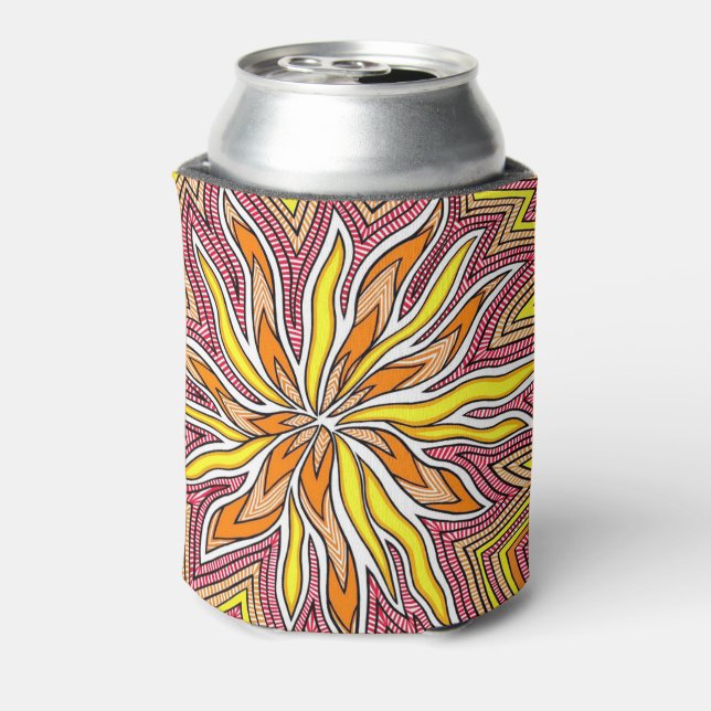 Yellow Orange Trippy Sun Design Can Cooler (Can Back)