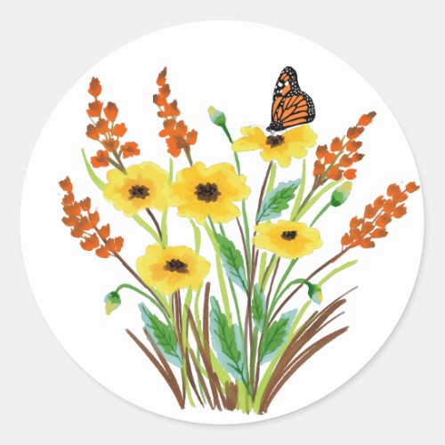 Yellow Orange Watercolor Flowers And Butterfly Classic Round Sticker