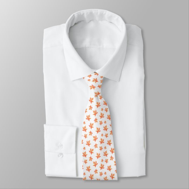 Yellow Orange Watercolor Maple Leaf Pattern Neck Tie (Tied)